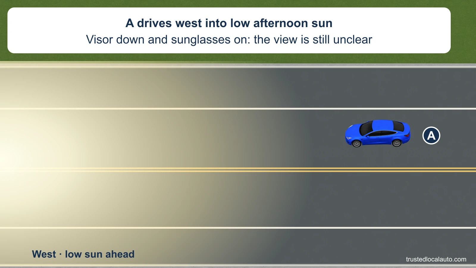 A faces west on a two-lane road, toward bright low-sun glare that washes out the view ahead. A clear paved roadside area lies on the driver’s right; the card states that the visor is down and sunglasses are on but the view remains unclear.