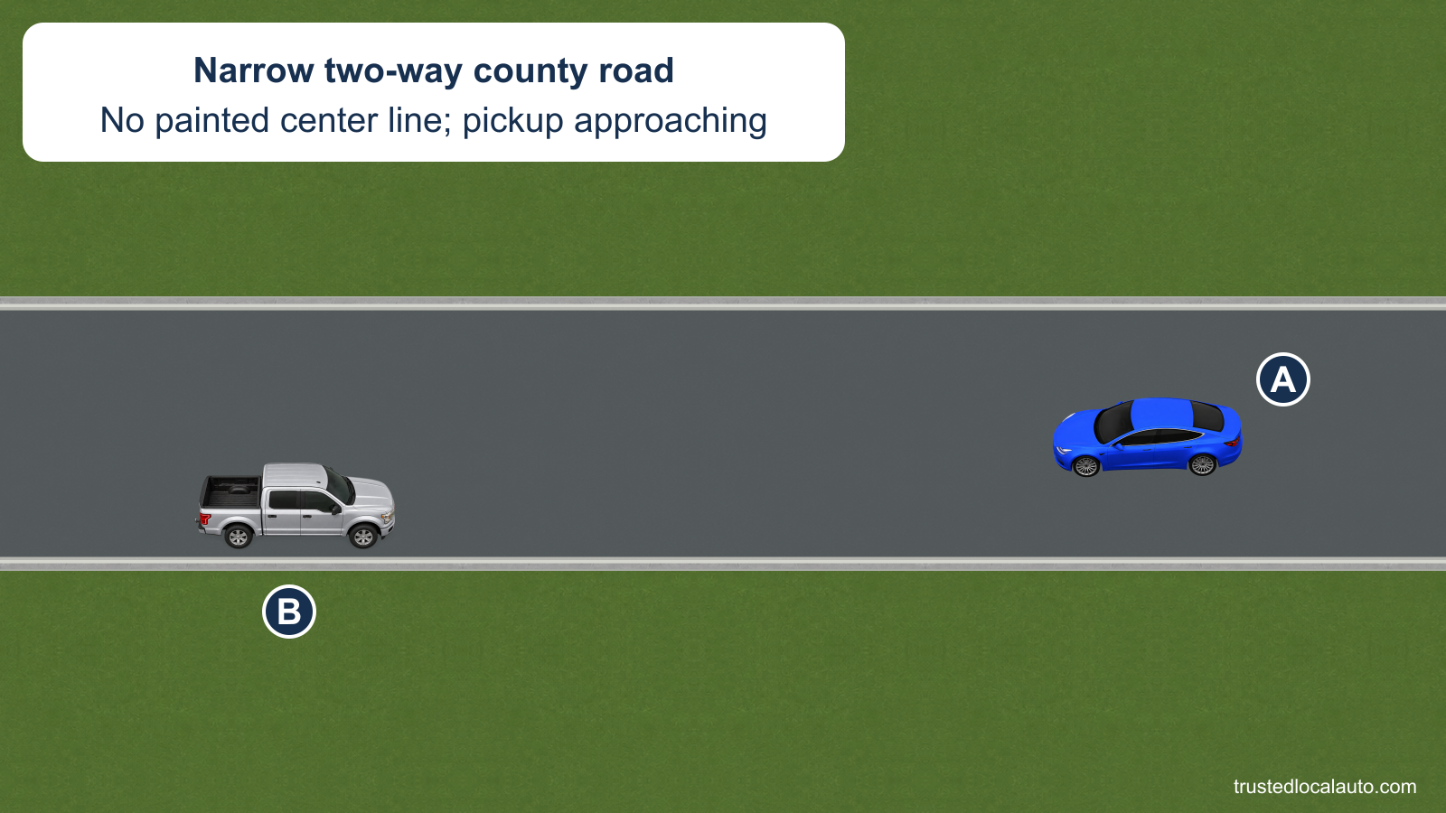 A travels west toward eastbound pickup B on a narrow county road without a painted center line. The question shows the unmarked traveled surface and the approaching vehicles, with no route or road-width division.