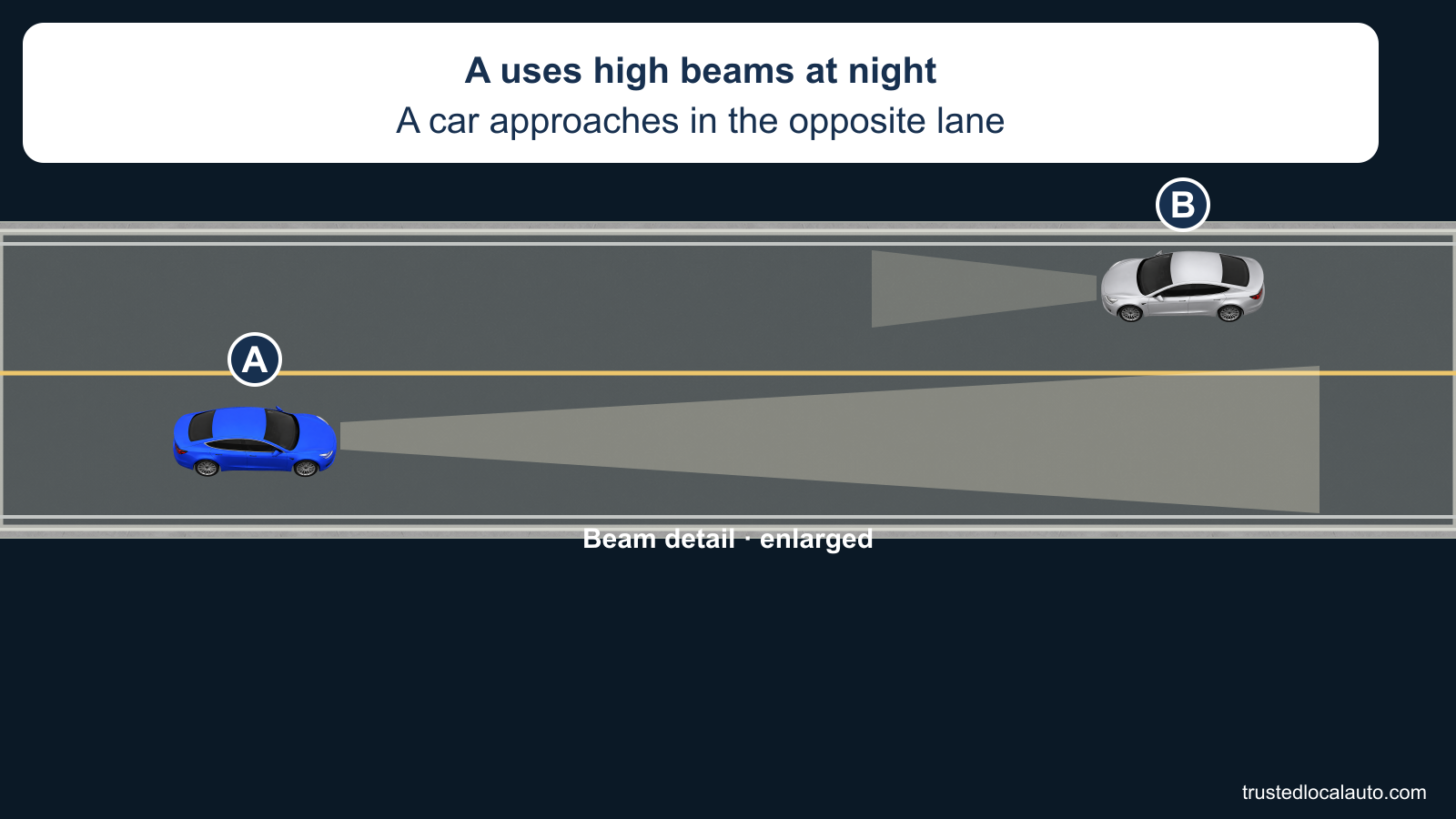 In an explicitly enlarged night beam detail, blue A uses high beams and silver B approaches in the opposing lane. No distance value, bracket or selected dimming point appears.