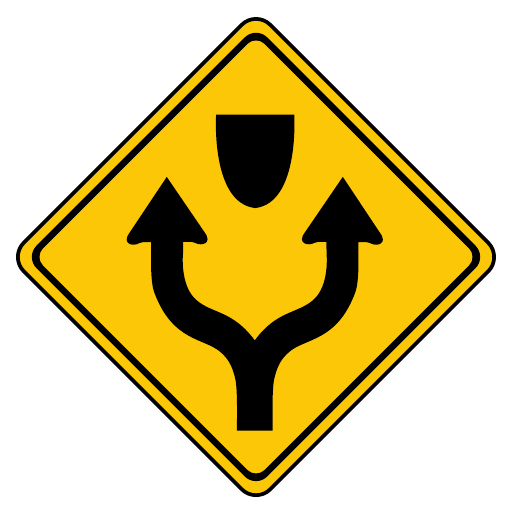 A yellow diamond shows two black arrows separating around a rounded black obstruction near the top.