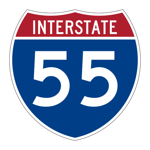 A red, white and blue Interstate shield displays the number 55.
