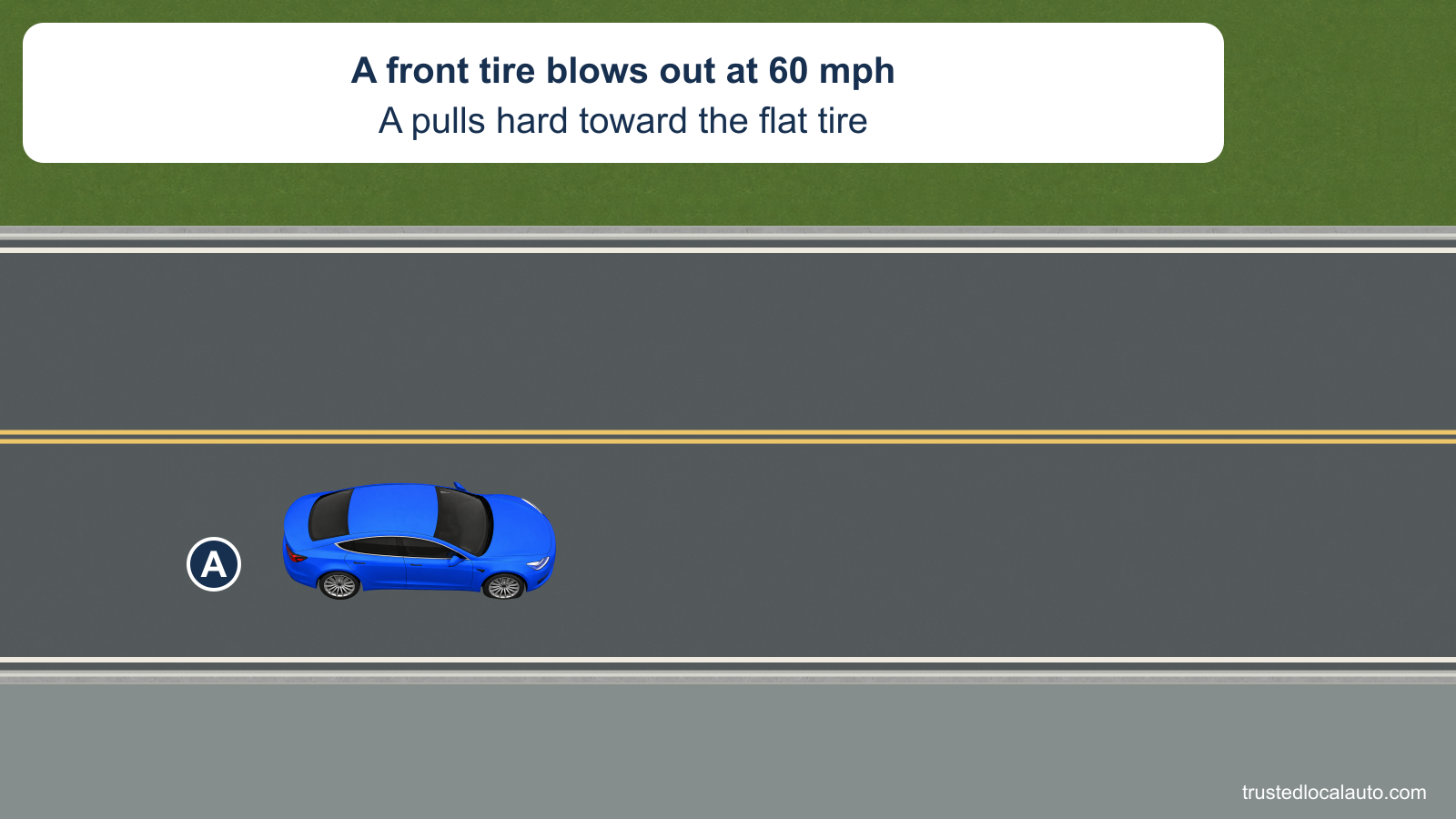 A is on a highway with its near front tire visibly deflated. The caption states a blowout at 60 mph and a hard pull toward the damaged tire; no corrective path is shown.