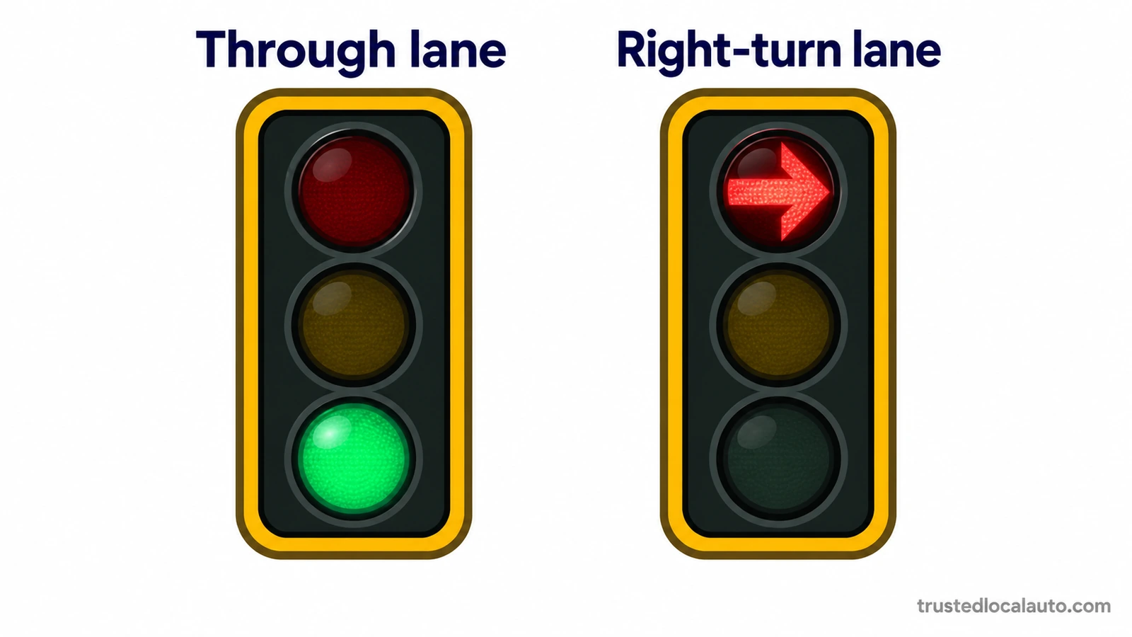 Two signal heads are labeled Through lane and Right-turn lane. The through signal has its lower circular green lamp lit. The right-turn signal has a steady red arrow pointing right in its top lens.