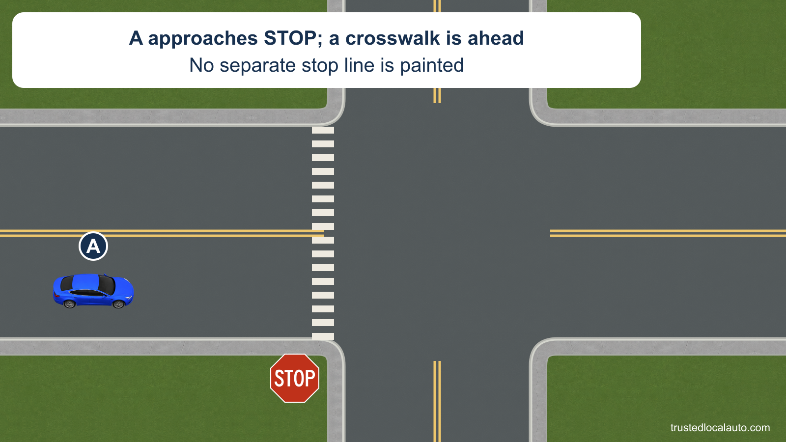 A approaches a STOP-controlled intersection. A marked crosswalk is ahead and there is no separate stop line. The car is several lengths before the crossing; no stop point is highlighted.