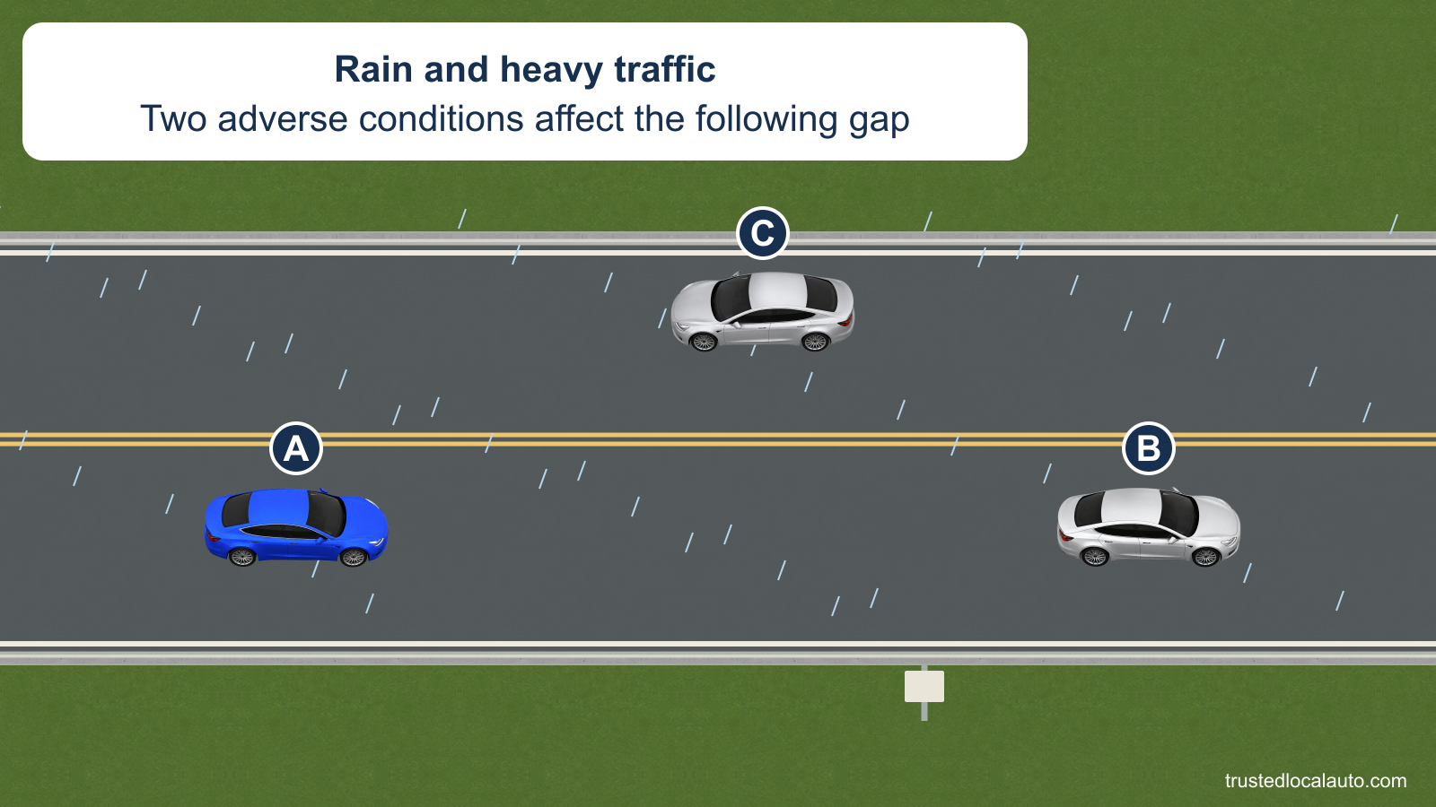 A follows B in rain while other traffic occupies the road. A fixed roadside marker gives a reference for counting the gap.