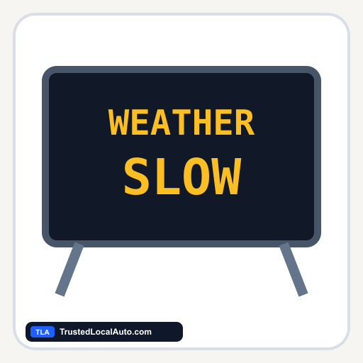 An illustrative electronic message board displays WEATHER SLOW in amber lettering.