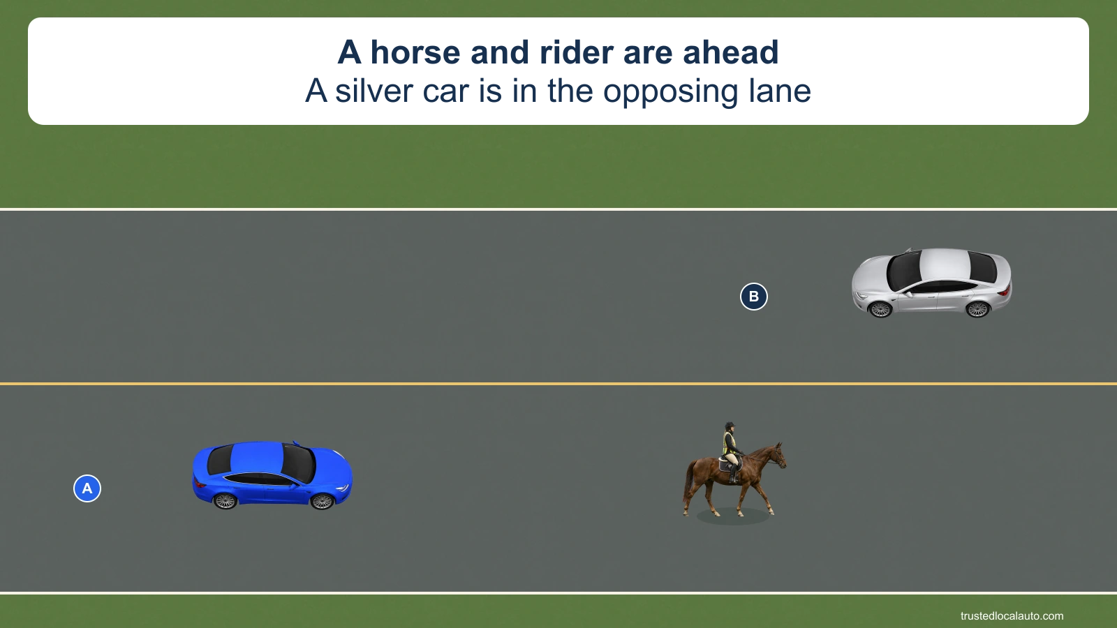 Blue A is behind a horse and rider near the right side of the road. A silver car faces left in the opposite lane. No passing path is shown.