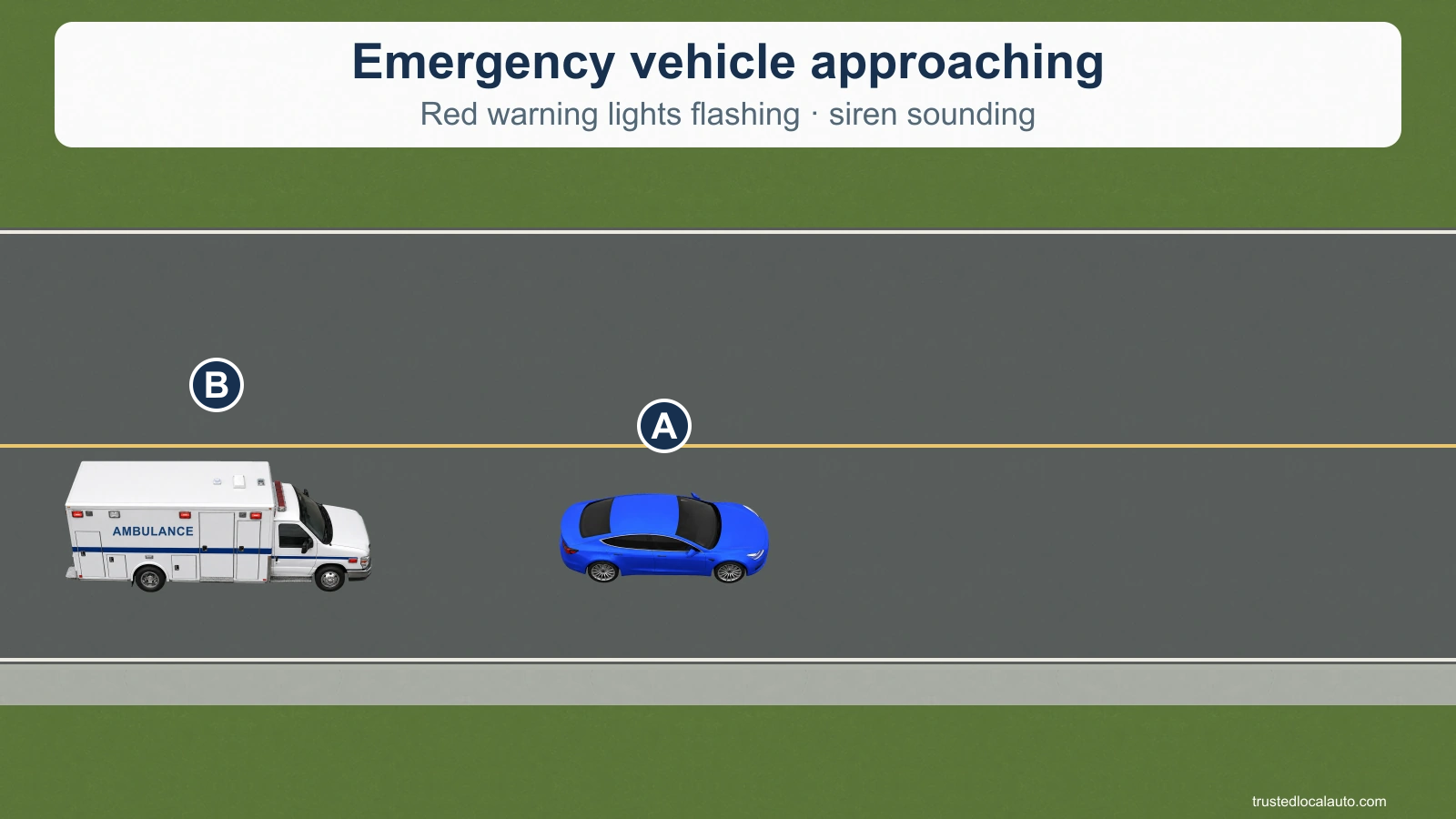 On an ordinary two-way road, a white-and-blue box ambulance approaches behind blue car A with red warning lights flashing and its siren sounding. The roadway edge to A’s right is clear.