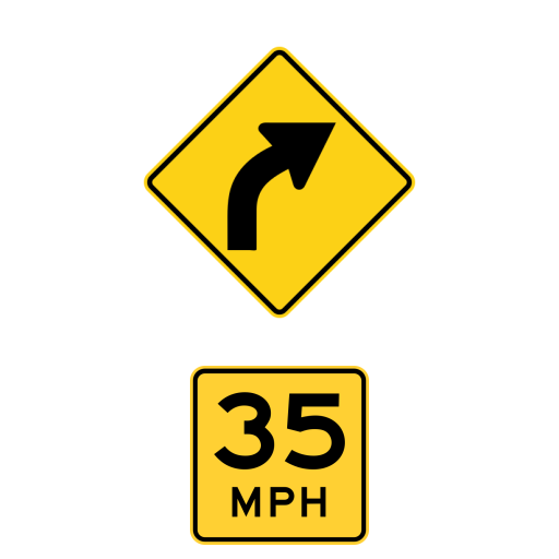 A yellow diamond with a black right-curving arrow is mounted above a smaller yellow plaque that reads 35 MPH.
