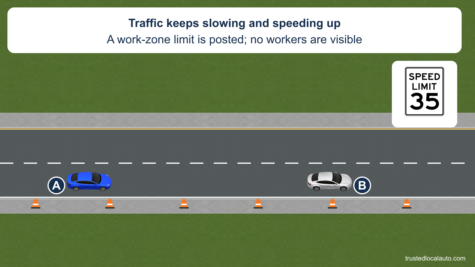 Blue car A follows silver car B beside work-zone cones in daylight. An enlarged sign detail reads SPEED LIMIT 35. The card states that traffic repeatedly slows and speeds up and no workers are visible. No route or following-gap mark appears.