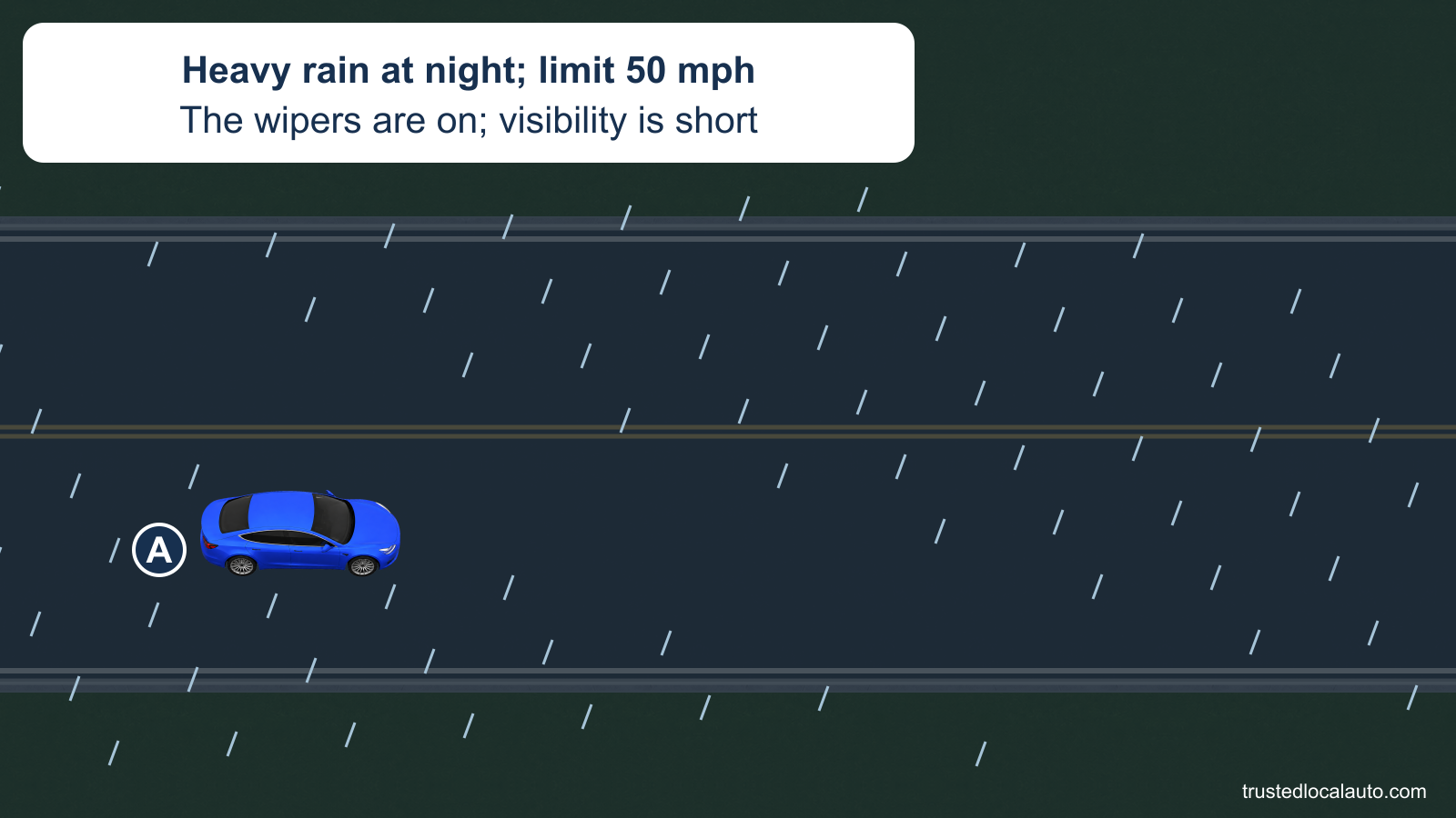 A drives on a dark road in heavy rain. The card gives the posted limit as 50 mph and states that the wipers are on and visibility is short.