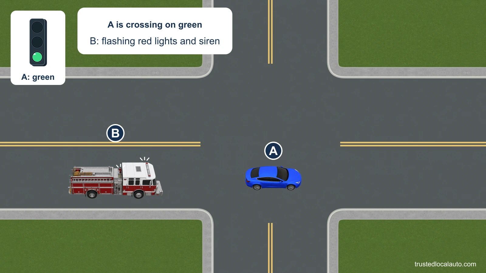 A is already crossing an intersection under green when fire truck B approaches behind. B’s warning lamps are emphasized, and the card states that its siren is sounding.