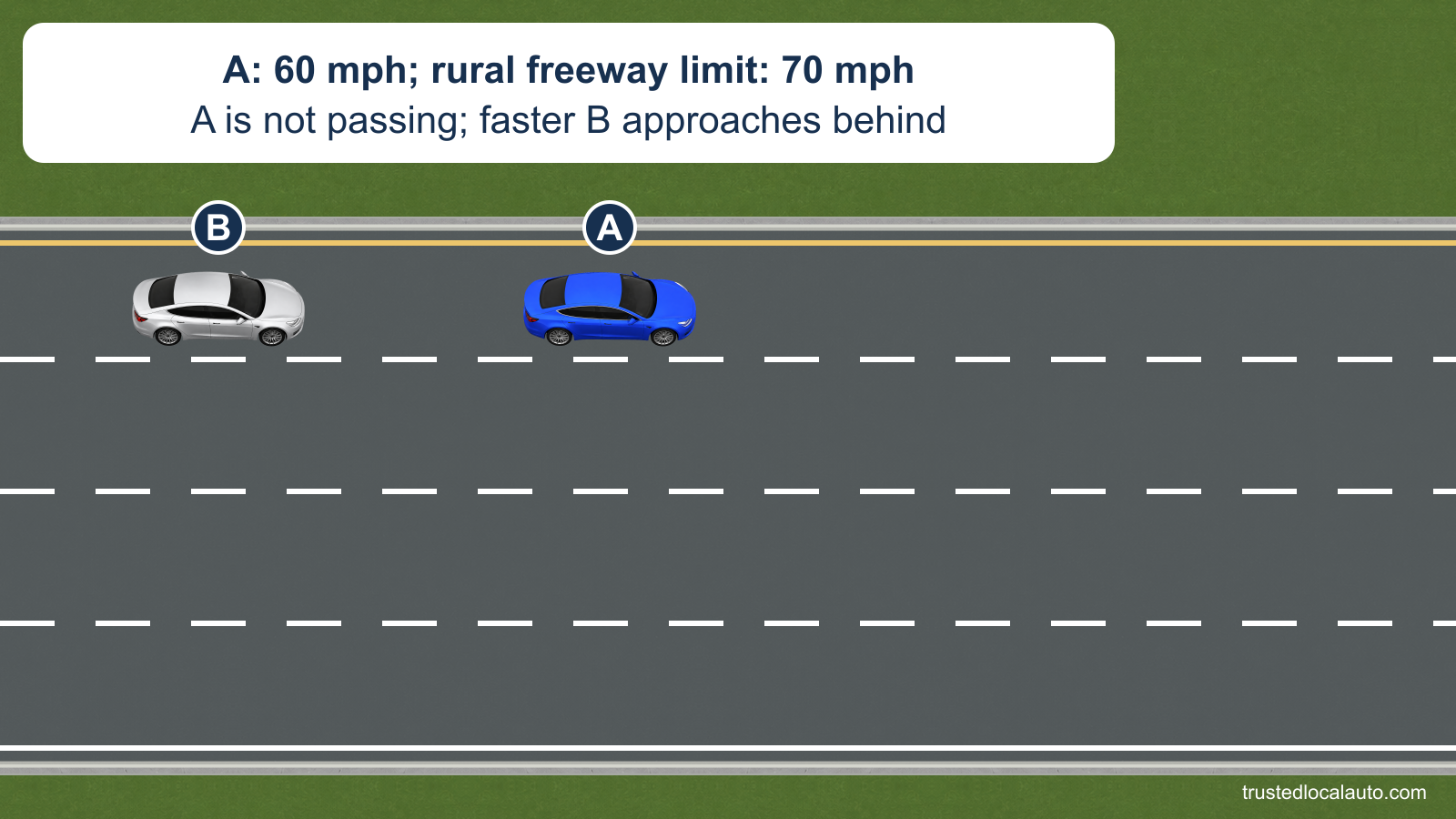 Blue A travels at 60 mph in the far-left of four rural freeway lanes with a 70-mph limit. Faster silver B approaches behind, and A is not passing.
