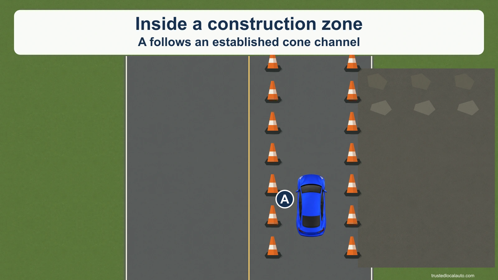 A is inside a construction zone, between two rows of cones beside an excavation.