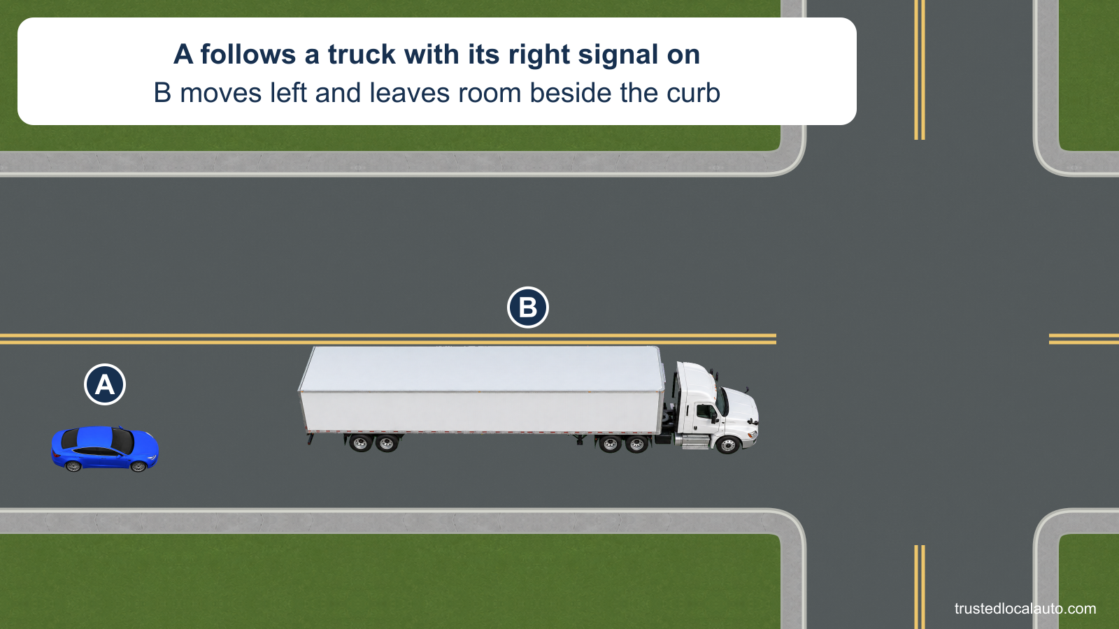 A follows tractor-trailer B toward an intersection. B has moved left within the approach, leaving space beside the right curb. The card states that B's right signal is on.