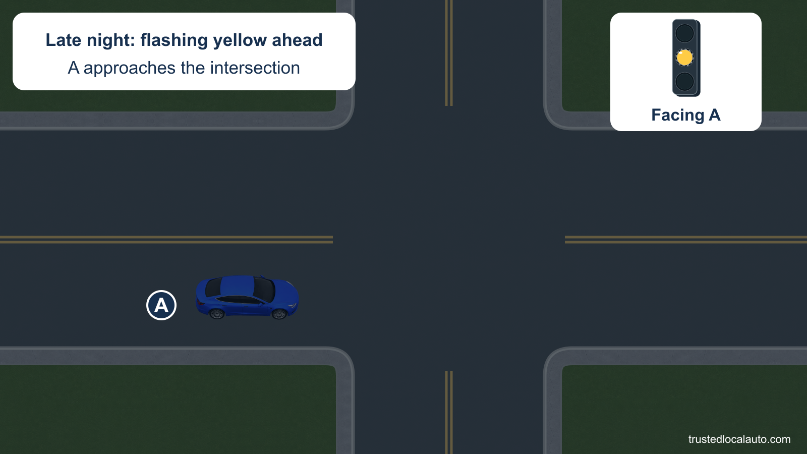 At night, A approaches an intersection with a flashing yellow circular signal. An enlarged detail labeled Facing A shows the lit middle lamp and flash marks; no vehicle is assumed to be waiting on the cross street.