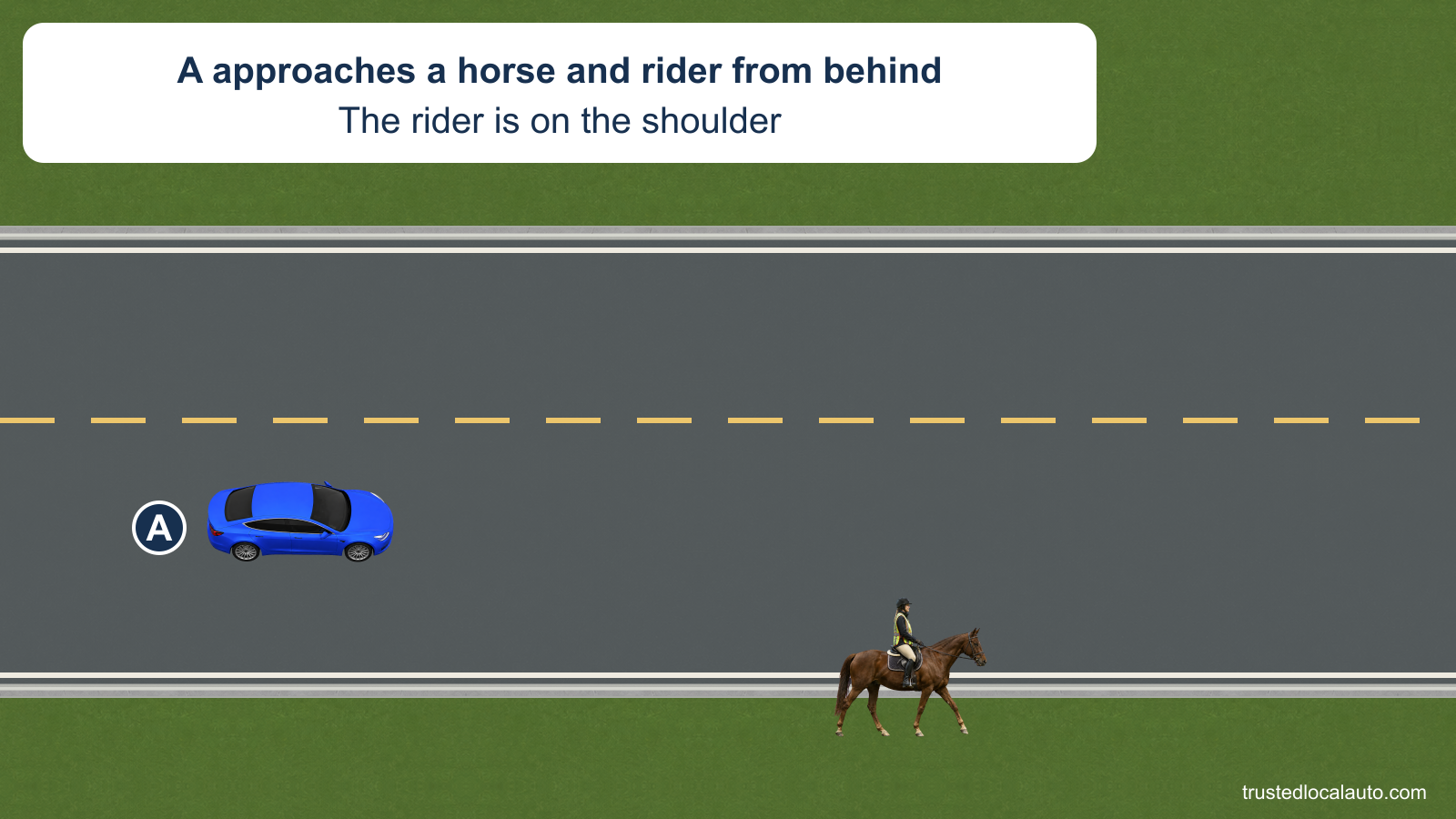 A approaches a horse and rider from behind on a rural road. The horse is on the shoulder beyond the road edge; no passing route is selected.