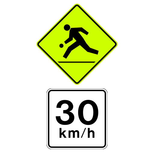 Playground warning sign above a 30 km/h speed tab.