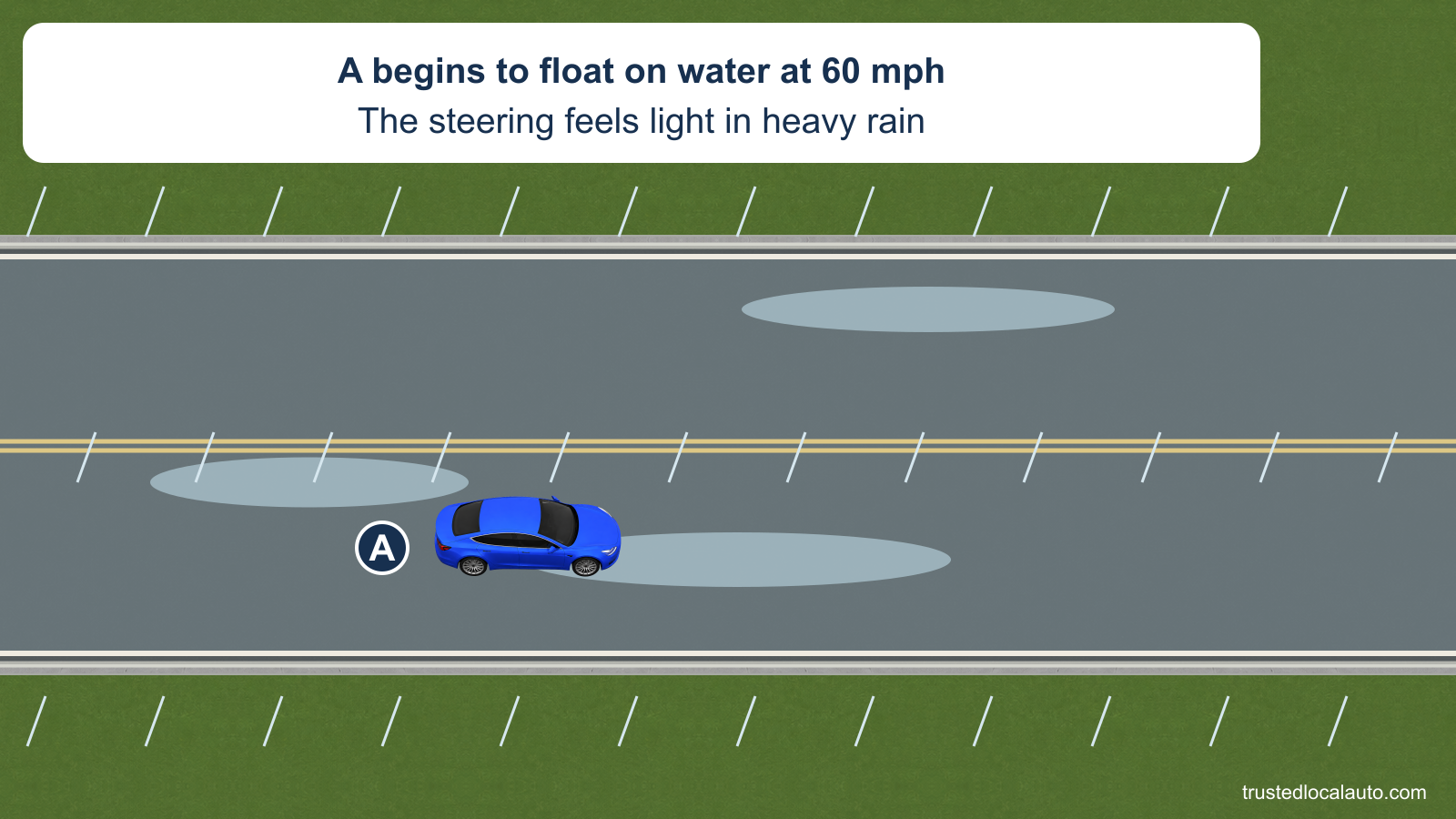 Blue A is over pooled water in heavy rain on a two-way highway. The new card states the given 60 mph speed and suddenly light steering. No pedal action or chosen route appears.