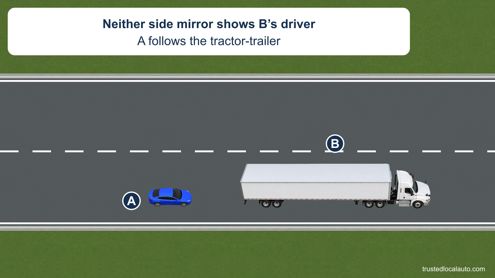 Blue car A follows white tractor-trailer B in the right lane of a highway. The card states that neither side mirror shows B’s driver. No blind-spot shape, suggested gap, high beams or mirror-face inset appears.