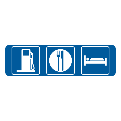 A wide blue rectangle contains three white symbols in outlined boxes: a gas pump, a fork and knife, and a bed.