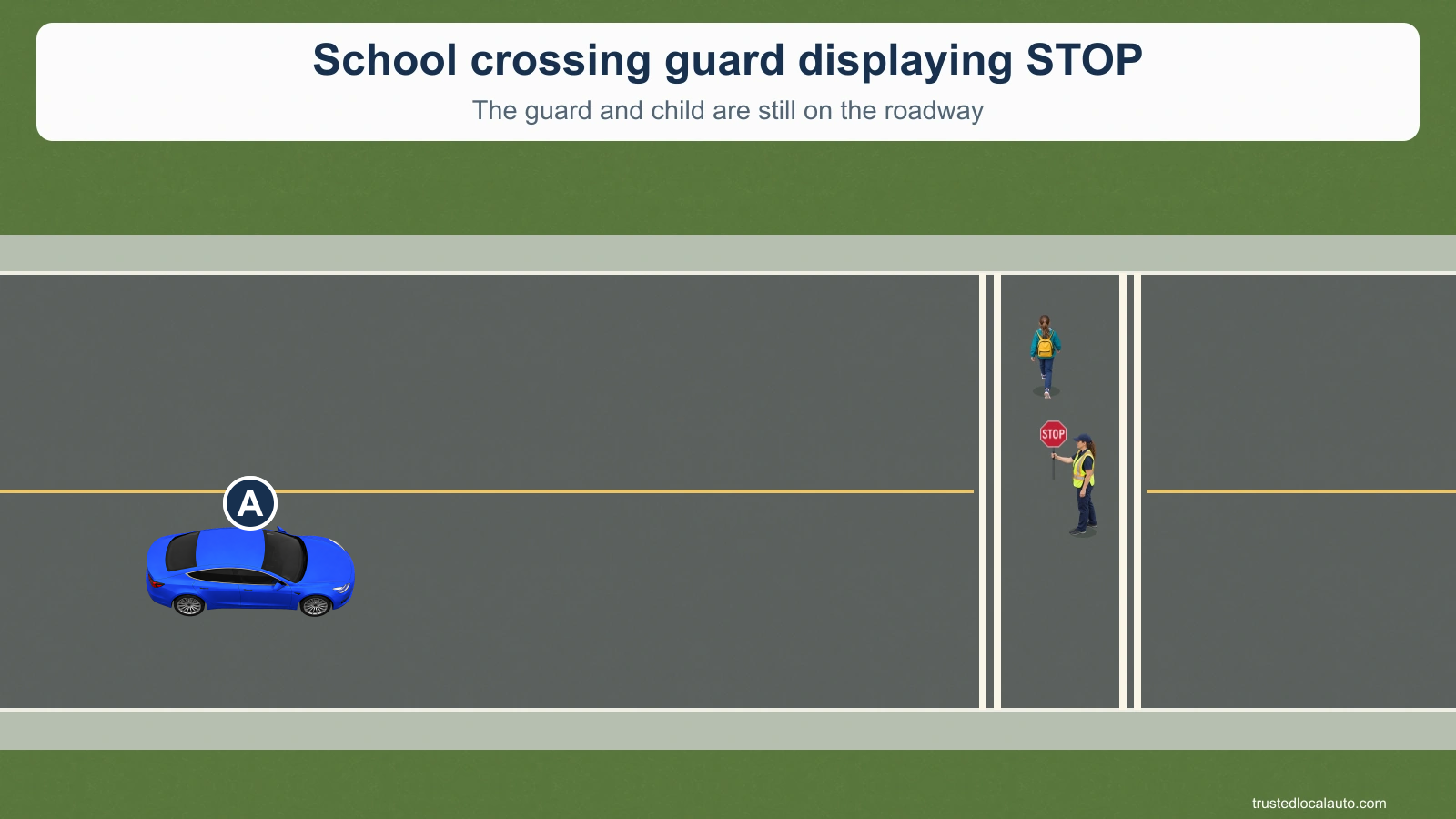 Blue A approaches a marked crossing from the left. A guard holds a STOP paddle while a child is on the crossing.