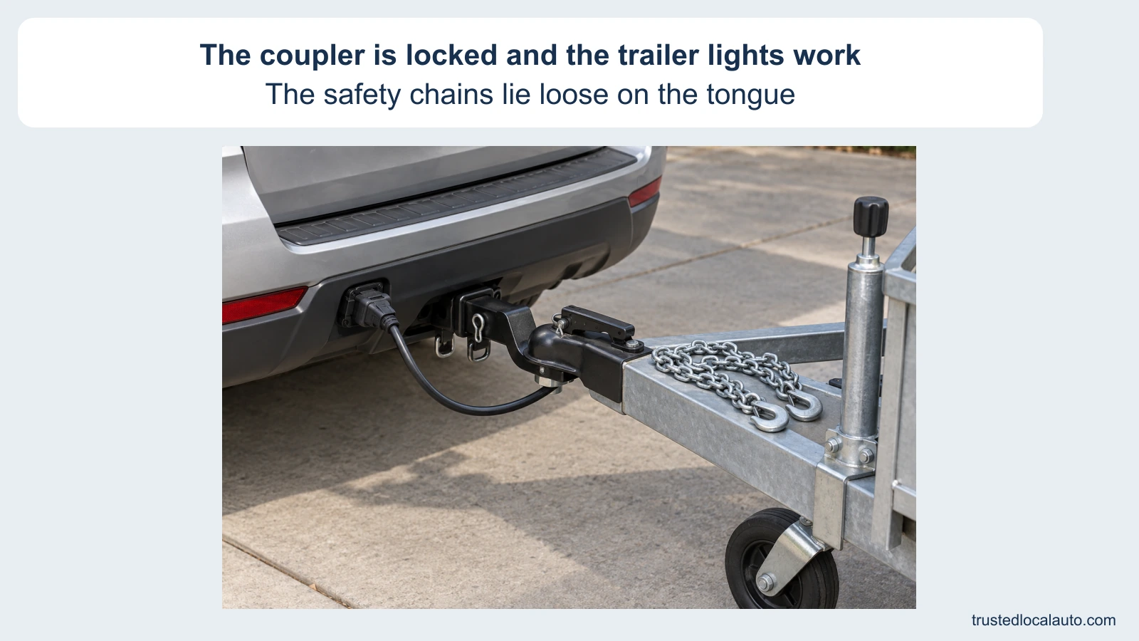 A trailer hitch close-up shows a locked coupler and pin, plugged electrical cable, and two loose safety-chain hooks resting on the trailer tongue. The vehicle’s chain attachment loops are empty and unmarked.