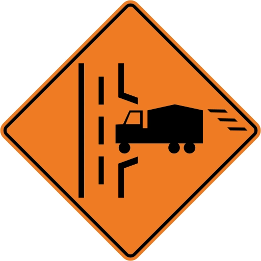 An orange diamond showing a truck approaching a vertical roadway from the right.