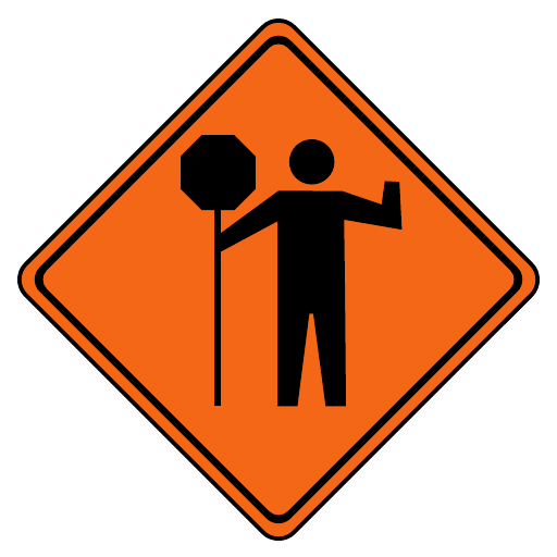 An orange diamond contains a black person holding an octagonal paddle on a pole with the other arm raised outward.