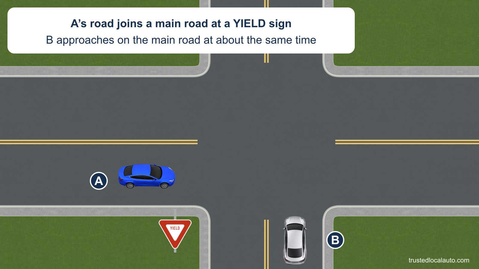 A approaches a downward-pointing red-and-white YIELD sign where its road joins the main road. B approaches on the main road, with the card stating that the cars will arrive at about the same time.