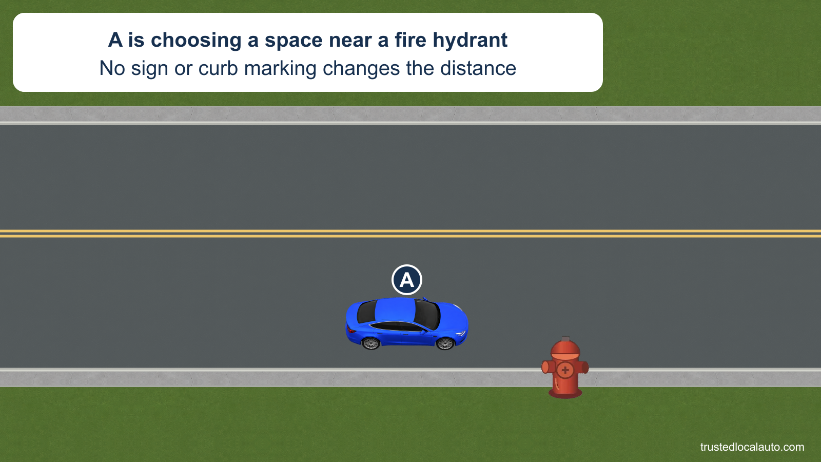 A is choosing a parking space beside an unpainted curb near a fire hydrant. No sign or marking gives a different parking distance.