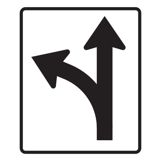 A white rectangular sign has a black upward arrow with a branch that curves left.