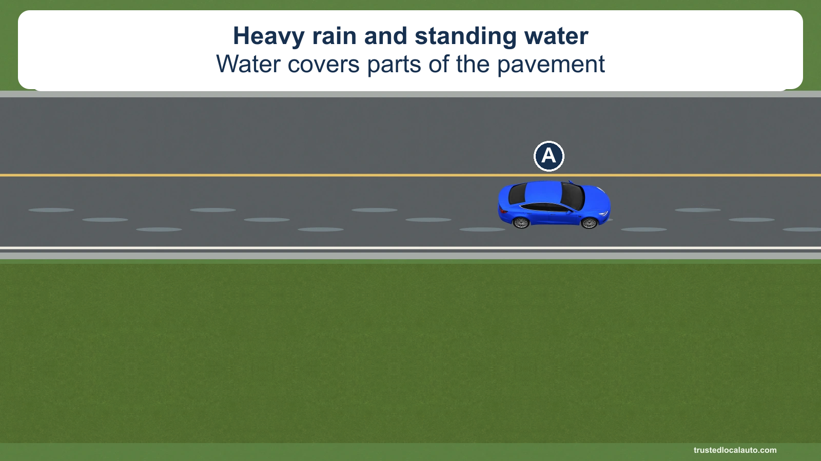 Standing water covers parts of the highway pavement around A. The card identifies heavy rain.