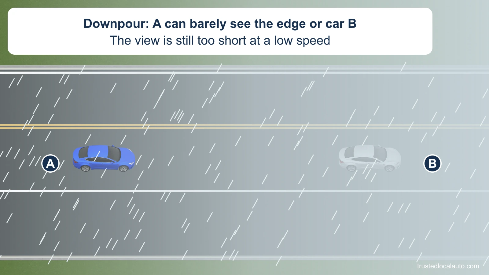 A follows B on a two-lane highway in a heavy downpour. Rain and haze obscure B and the road edges ahead; the card says the view remains too short even at a low speed, and a broad paved shoulder lies on the right.