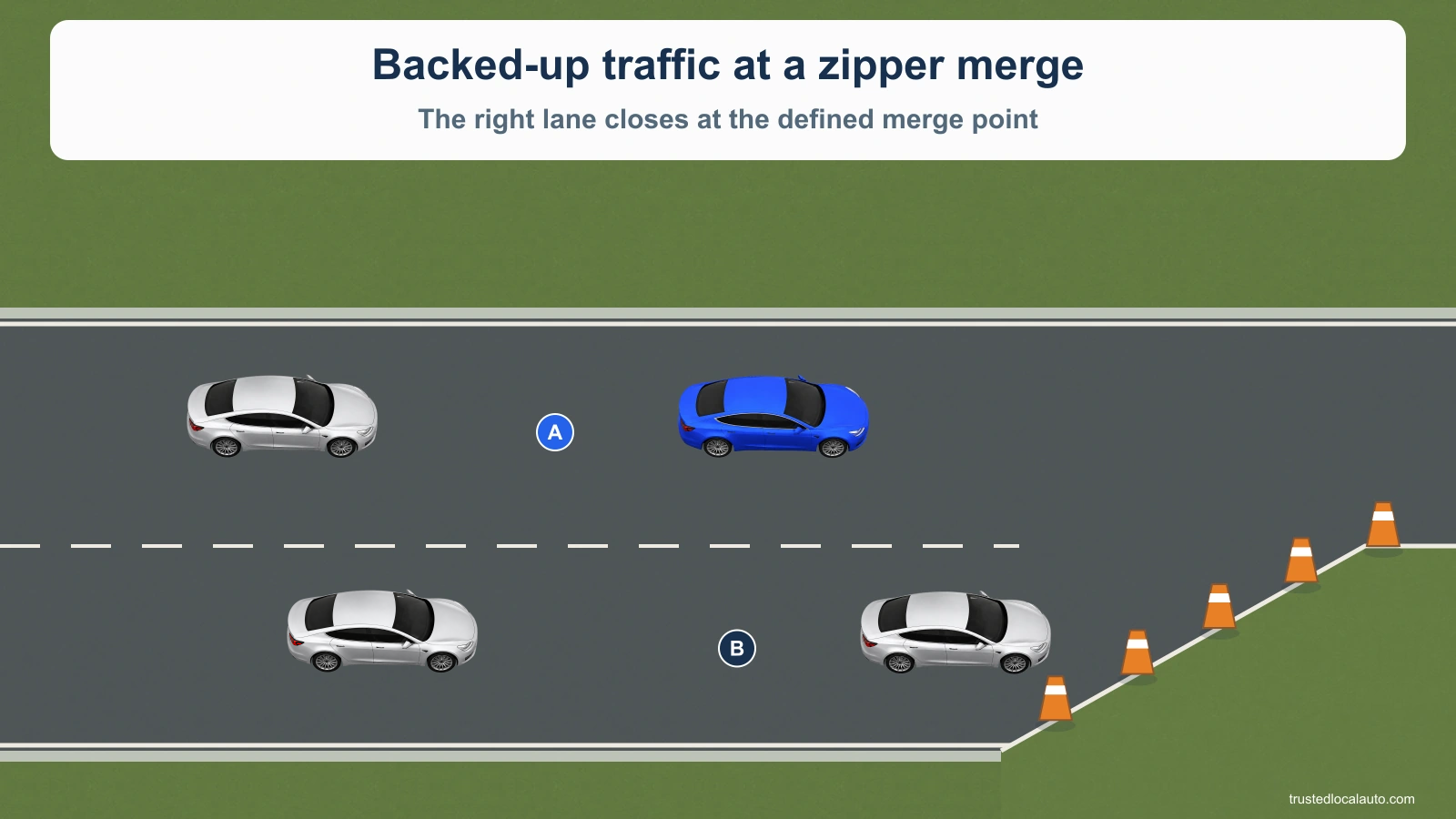 Slow traffic occupies two lanes before a coned right-lane closure. Blue car A leads the upper lane. Silver car B leads the lower lane. Two unlabelled silver cars trail them. The card identifies backed-up traffic at a zipper merge; no merge order or route is shown.