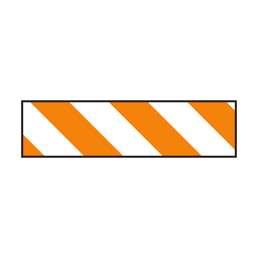 An orange-and-white barricade panel has diagonal stripes sloping down from left to right.