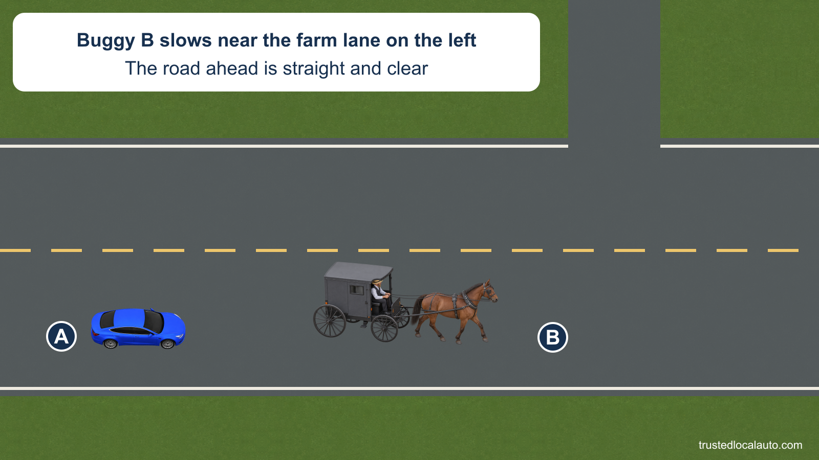 A follows horse-drawn buggy B on a rural two-way road. A narrow, unmarked farm lane is on the left ahead; B begins to slow, as the card states.