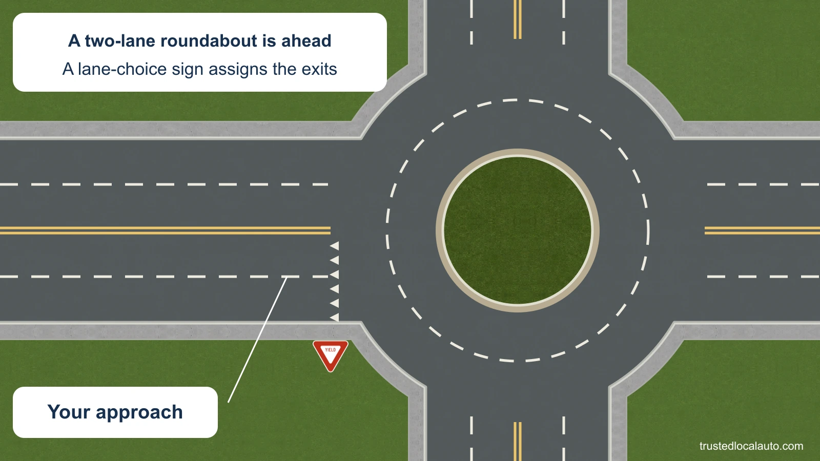 A neutral two-lane roundabout and approach are shown. No lane or route is selected.