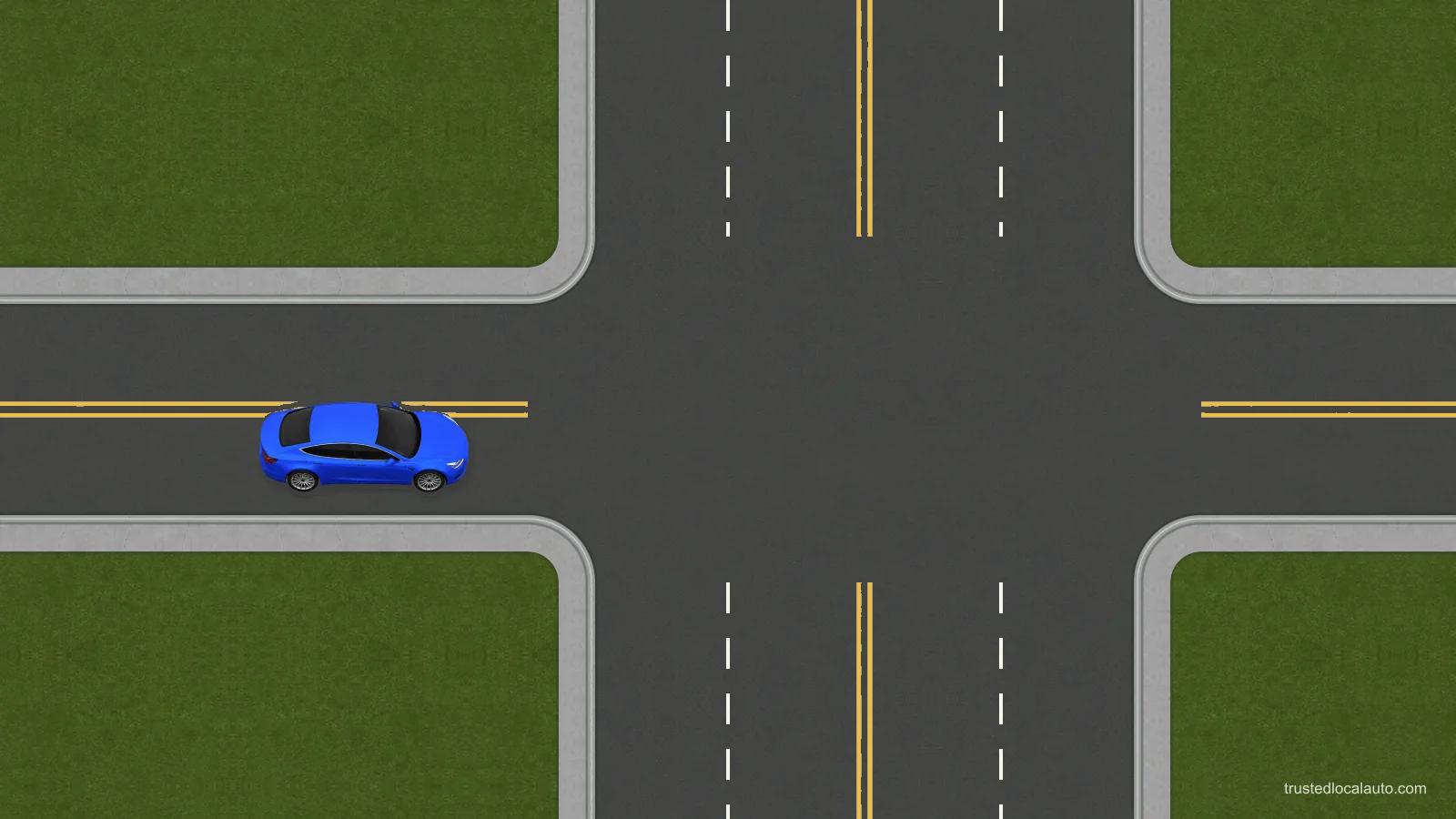 The blue learner approaches an ordinary right turn on a two-way road. The junction and receiving lanes are visible without a route, halo or marked destination.