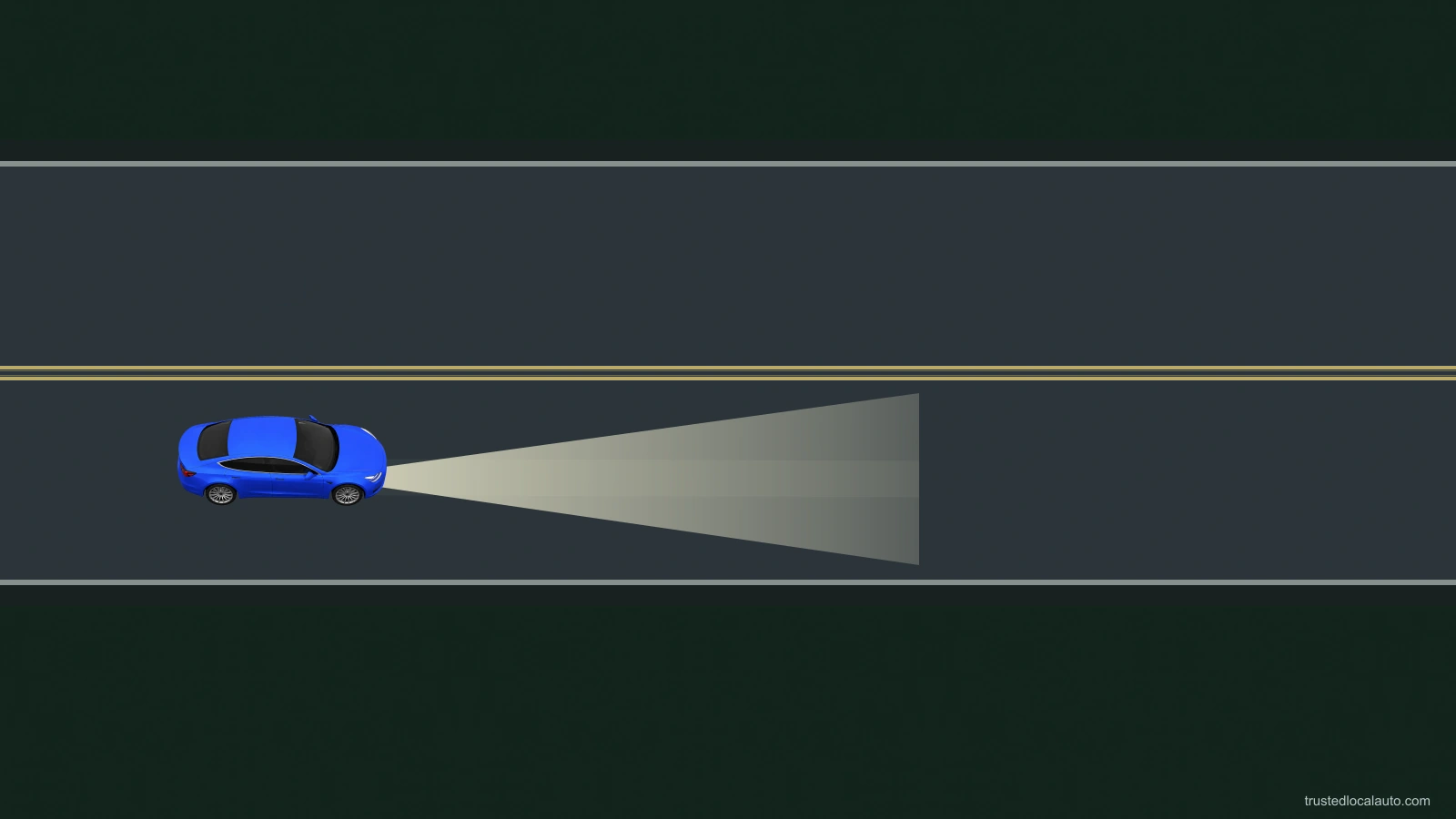 A blue car travels right at night. Its headlights illuminate a limited section of the lane ahead. The question has no stopping-distance bars, safe-speed value or response instruction.