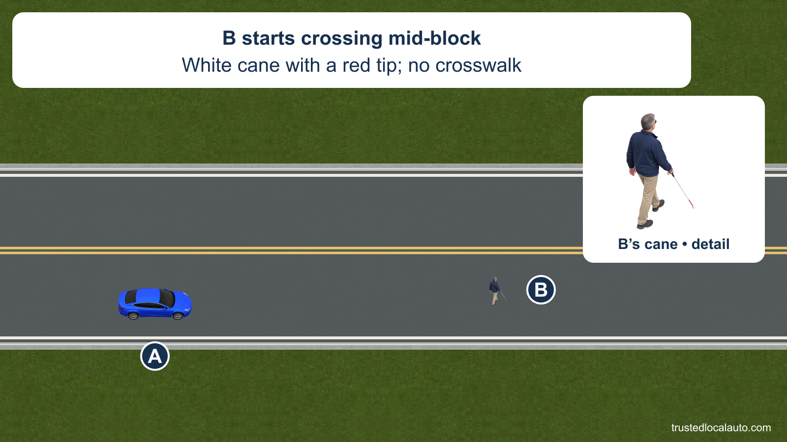 A approaches pedestrian B crossing mid-block without a crosswalk. A neutral enlarged detail identifies the white cane and red tip.