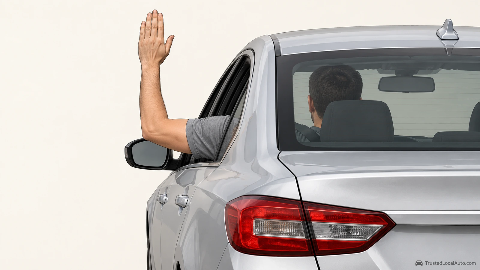 Rear view of a driver with the left arm extended through the left window of a silver car and bent upward at the elbow.