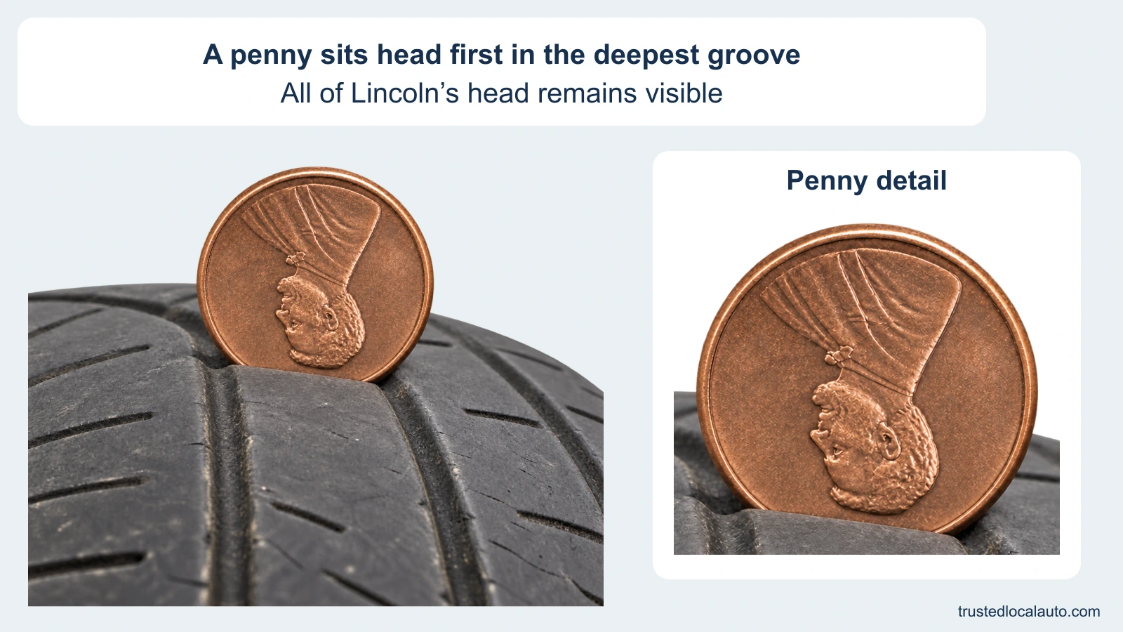 A penny is inserted head first into a tire-tread groove. All of Lincoln’s upside-down head is visible above the tread, also shown in a larger detail. The question has no replacement instruction or answer highlight.