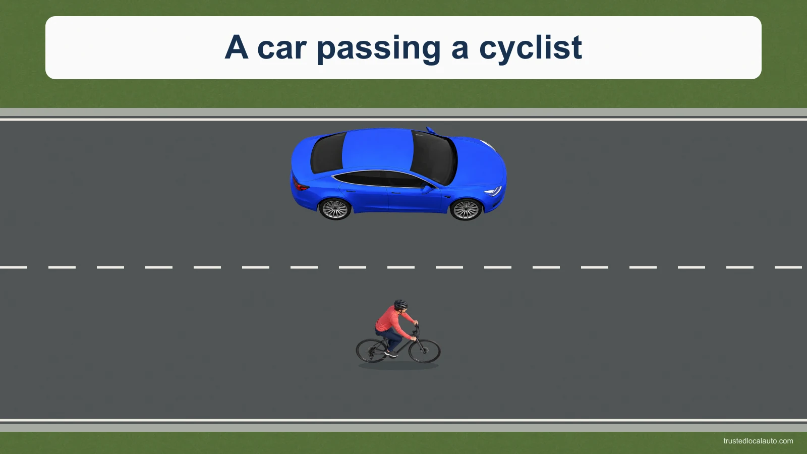 A blue car is beside a cyclist, both travelling in the same direction on a roadway.