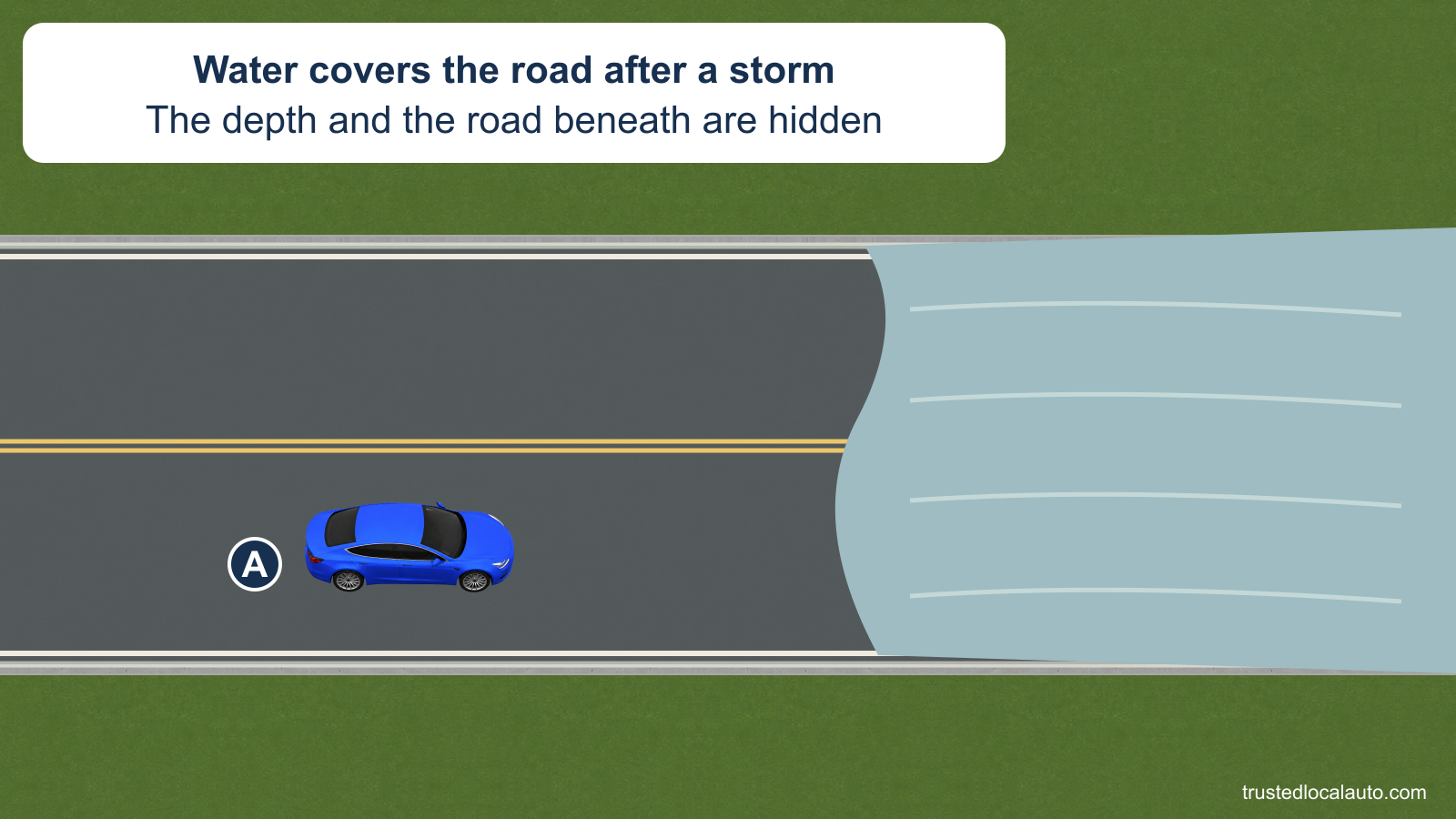 A approaches a large pool of water covering both lanes after a storm. The submerged pavement and depth cannot be seen.