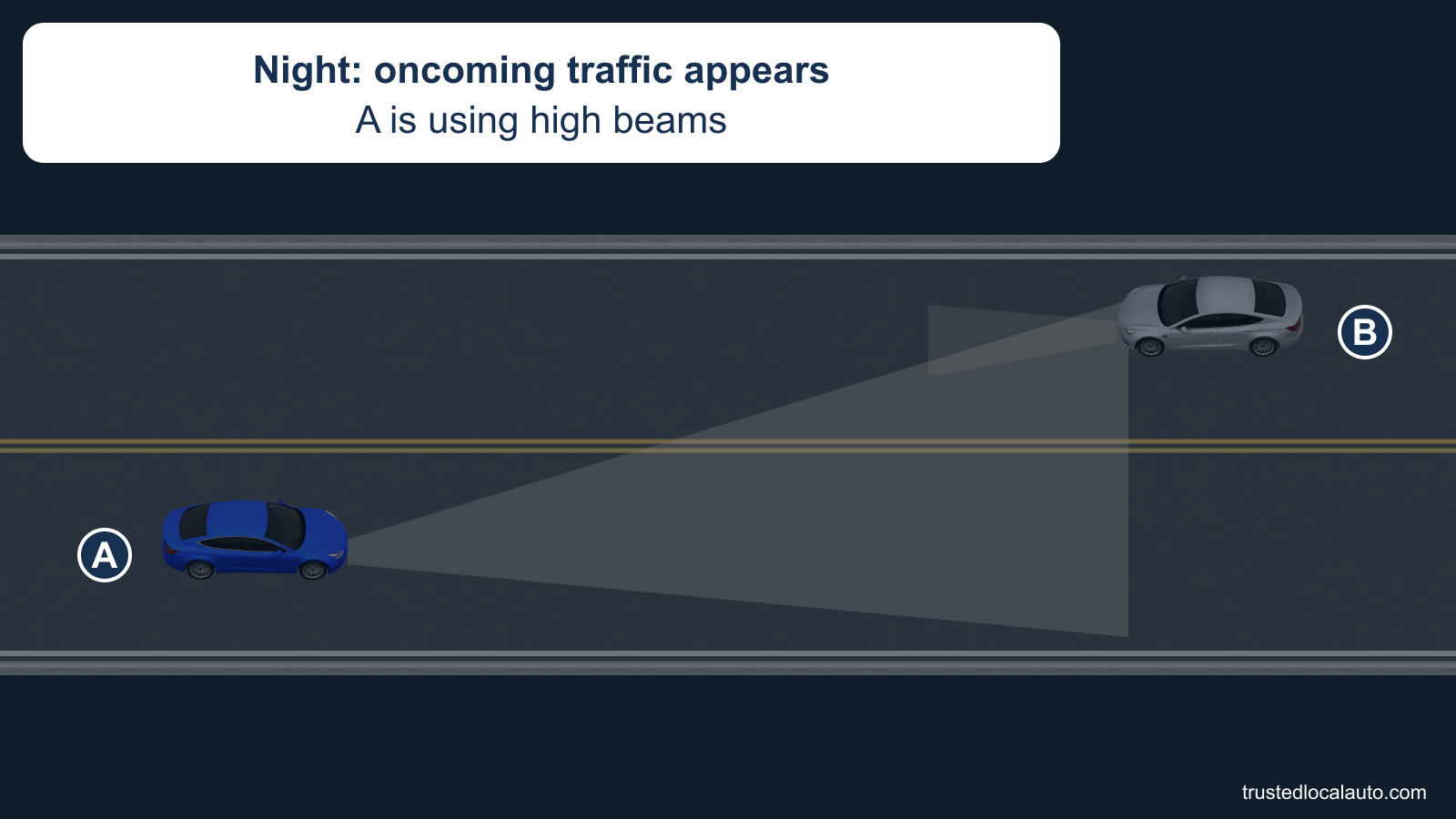 At night, A and B approach each other in opposite lanes on a dark two-lane highway. A’s broad high-beam light spreads ahead toward the oncoming car.