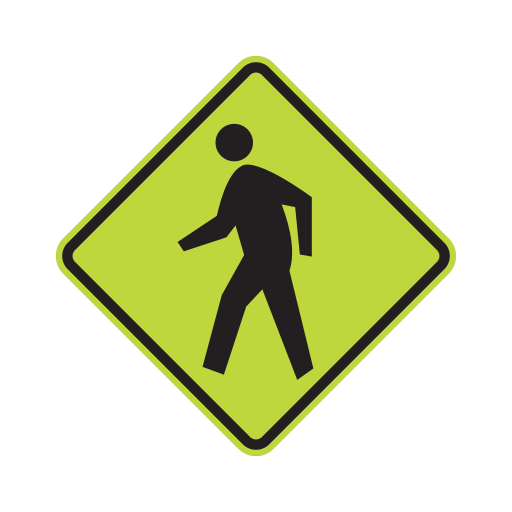 A single black walking figure occupies a fluorescent yellow-green diamond with a dark border.