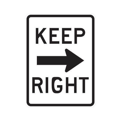 A white rectangular sign reads KEEP above a black arrow pointing right, with RIGHT below the arrow.