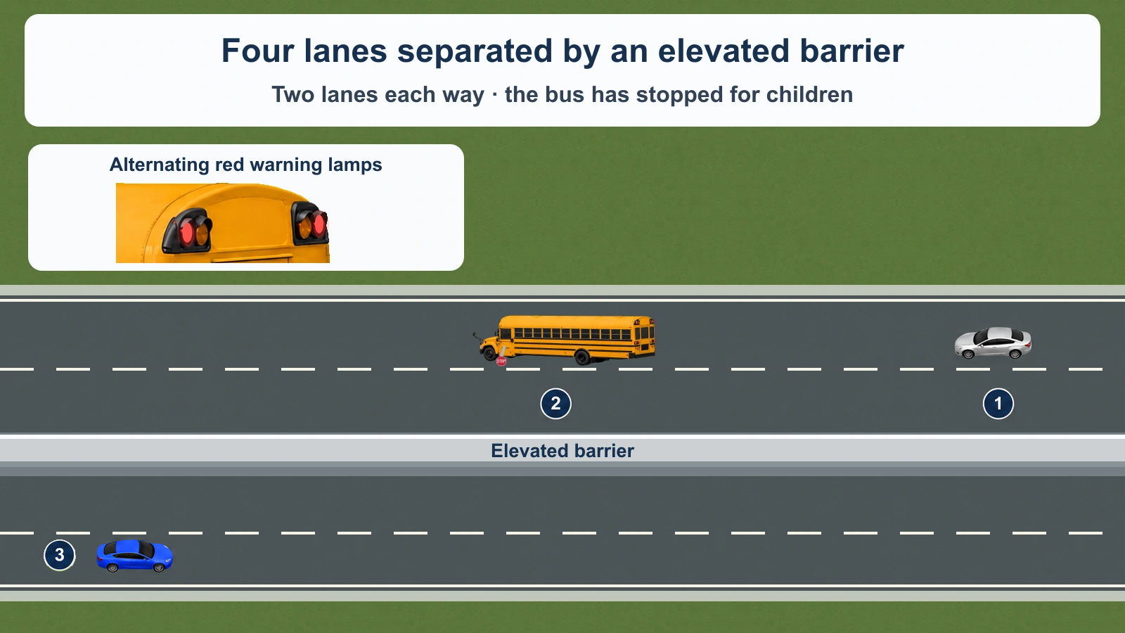 A raised barrier separates two roadways with two lanes each. Yellow bus 2 has active red signals and stop arm. Silver 1 follows the bus to the left; blue learner 3 faces right on the opposite roadway. No question route is highlighted.