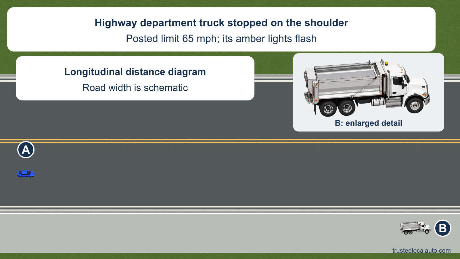 Blue A approaches a white highway maintenance truck B stopped entirely on the right shoulder of a two-lane highway. B’s amber beacon is lit, with a larger detail of the same truck. The card gives the posted 65 mph limit but no chosen speed or slowdown distance.